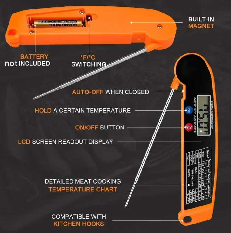 Orange digital meat thermometer with features labeled on a black background