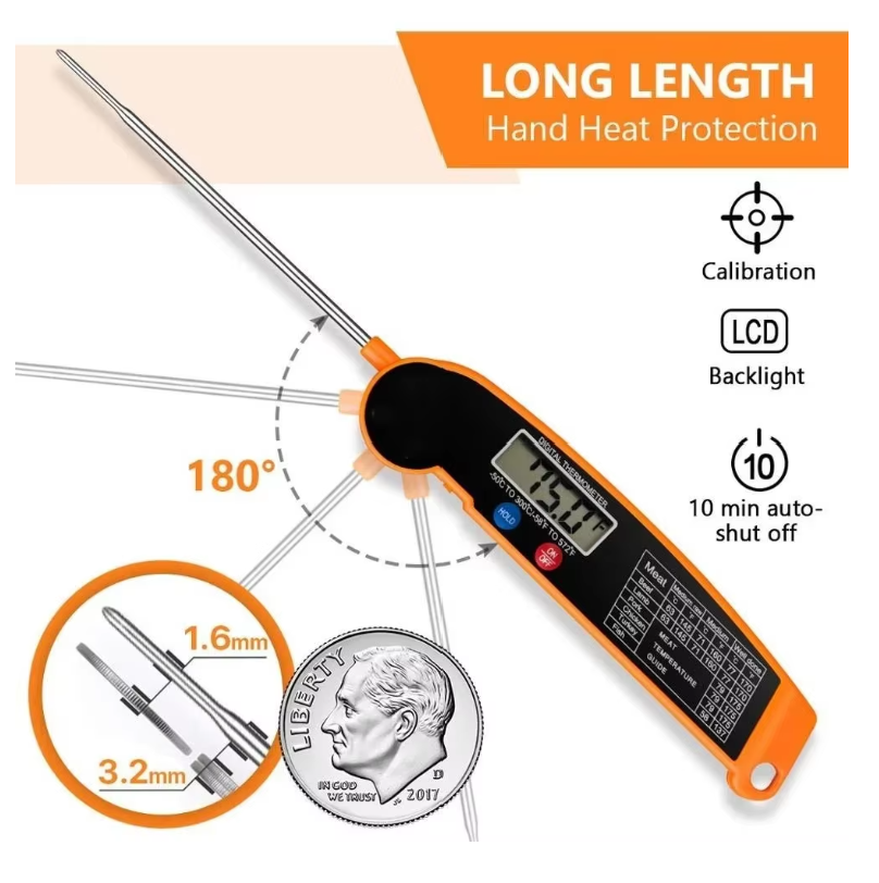 Digital thermometer with long length hand heat protection feature, calibration, LCD backlight, and 10-minute auto-shutoff on a white background.