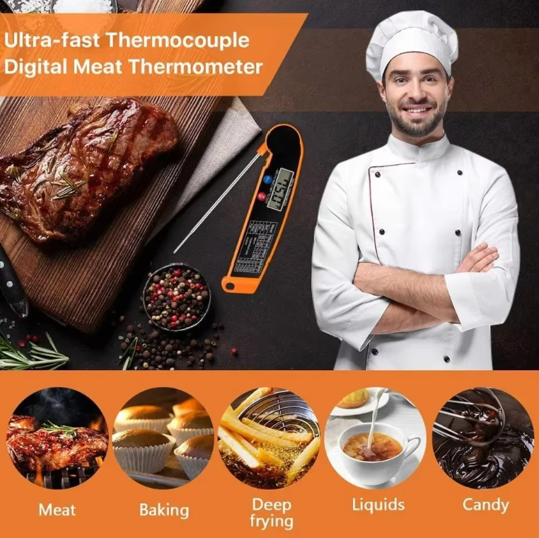 Digital meat thermometer with a chef and cooking scenarios on an orange background