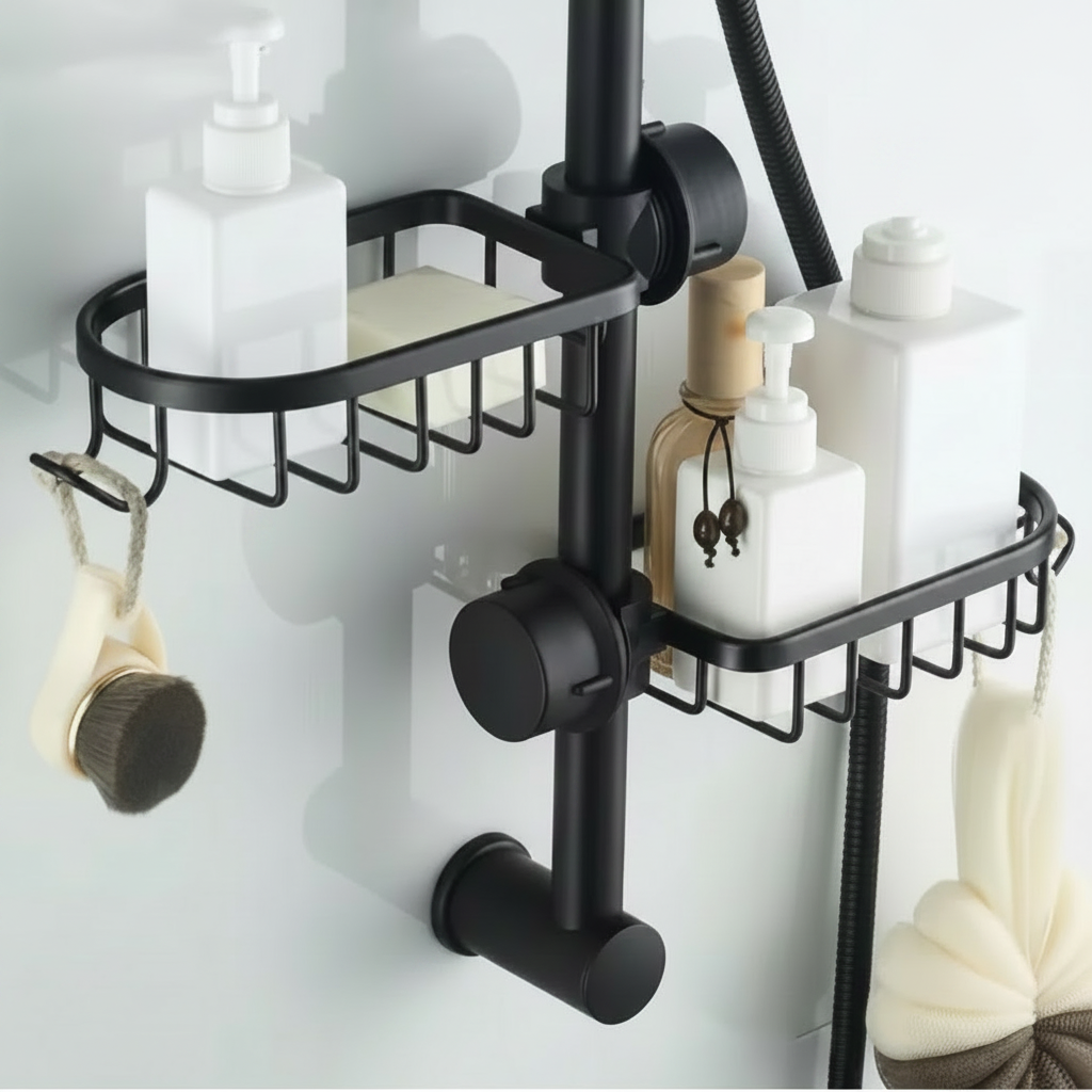 Black shower caddy with toiletries on a white background