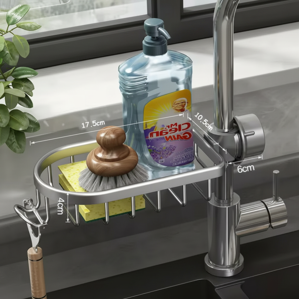 Kitchen sink caddy with cleaning supplies on a kitchen counter