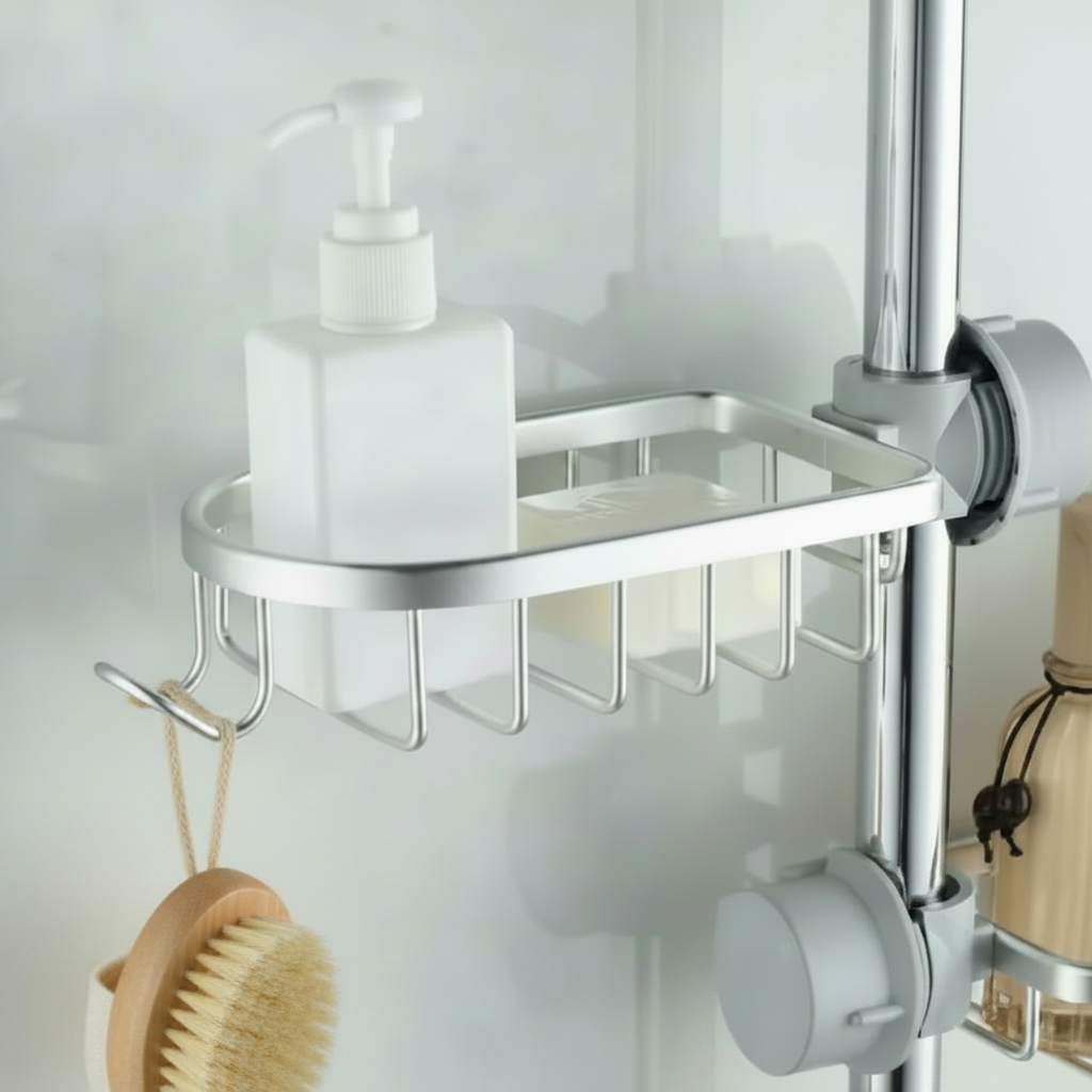 Corner shower caddy with soap dispenser and hooks on a shower wall.