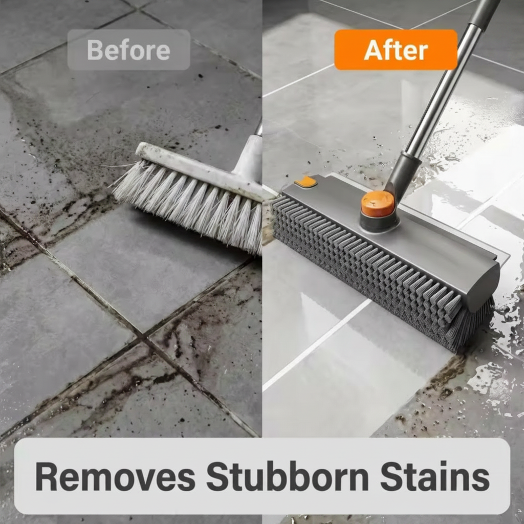 Cleaning tool before and after use on a tiled floor with text indicating stain removal.