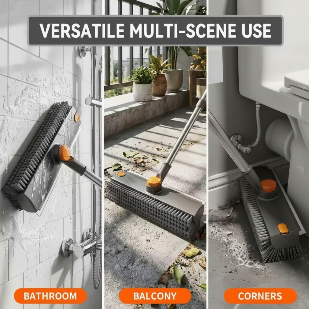 Cleaning tool used in bathroom, balcony, and corners with text 'Versatile Multi-Scene Use'.